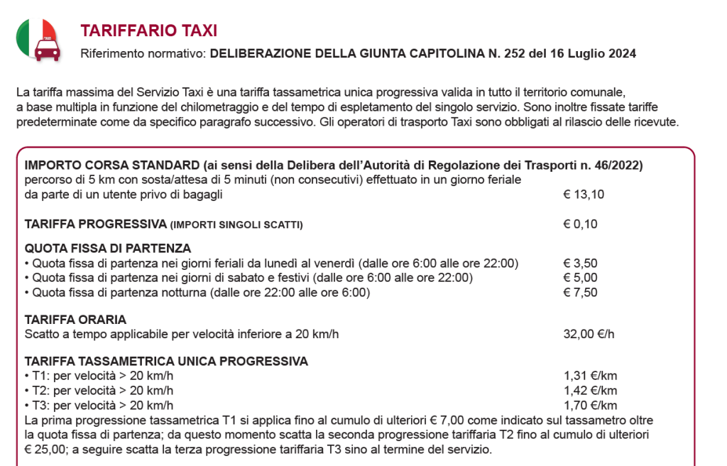 Tariffario taxi roma